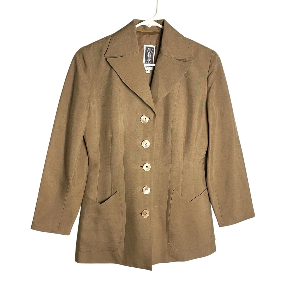 Vintage Zelda 100% Silk Shantung Blazer Jacket Womens 4 Sandy Brown 80s 90s USA‎